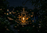A lantern glowing warmly with many moths flying around it during twilight in a garden