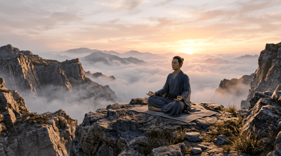 Person sitting cross-legged meditating on a rocky mountain peak during sunrise