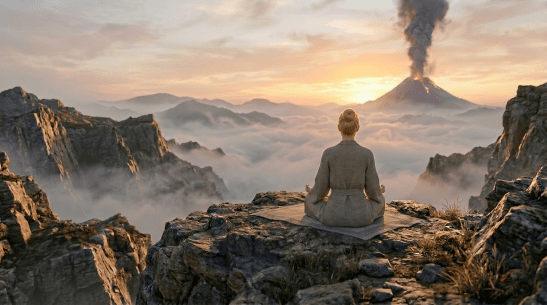Person sitting cross-legged meditating on a rocky mountain peak during sunrise