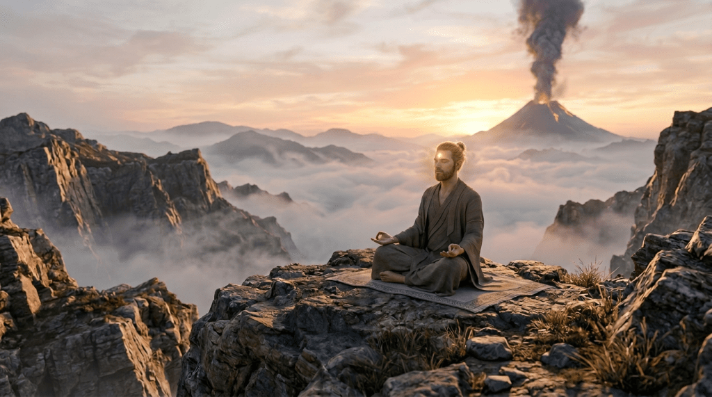 Person sitting cross-legged meditating on a rocky mountain peak during sunrise