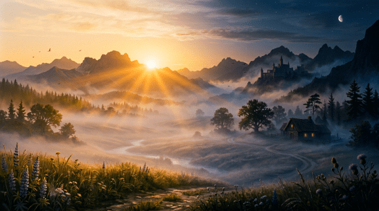 Sunrise over a misty valley with a winding river, trees, wildflowers, a distant castle, and a cottage