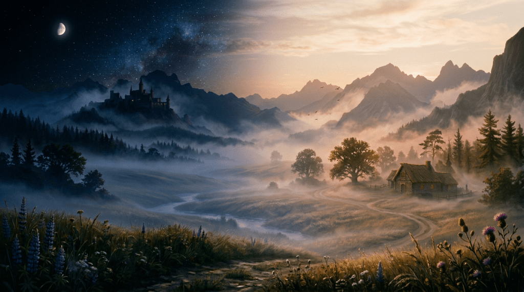 Sunrise over a misty valley with a winding river, trees, wildflowers, a distant castle, and a cottage
