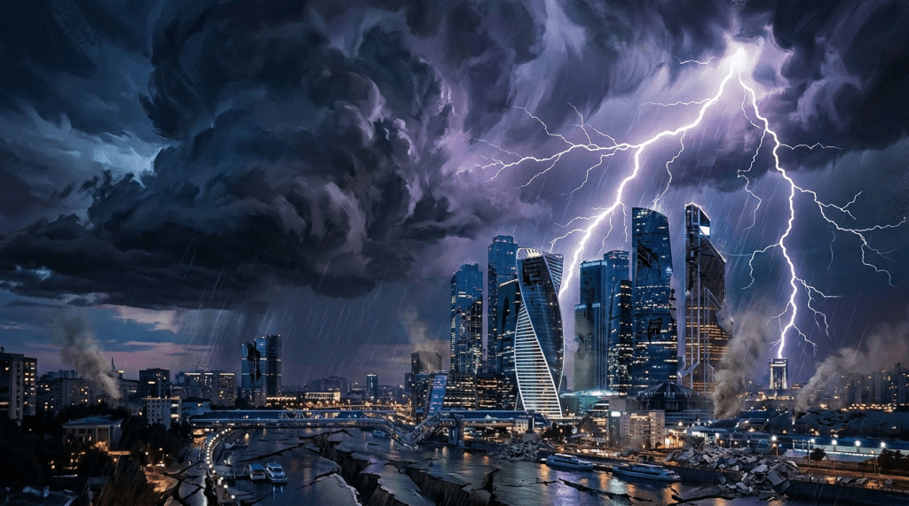 Modern city skyline with lightning bolts striking amid dark storm clouds and rain at night