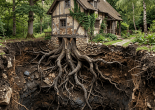 Rustic house supported by thick intertwining tree roots over deep soil