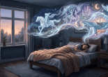 Sleeping woman with dream imagery of horse, dancers, castle, ship, owl, and fox above her
