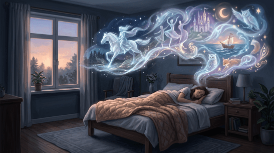 Sleeping woman with dream imagery of horse, dancers, castle, ship, owl, and fox above her
