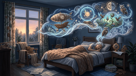 Sleeping woman with dream imagery of horse, dancers, castle, ship, owl, and fox above her
