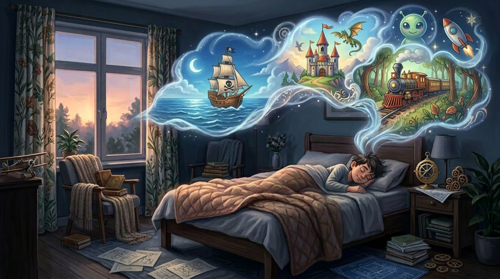 Sleeping woman with dream imagery of horse, dancers, castle, ship, owl, and fox above her