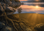 Lake at sunset with pine trees, rocks, fish, and tree roots underwater