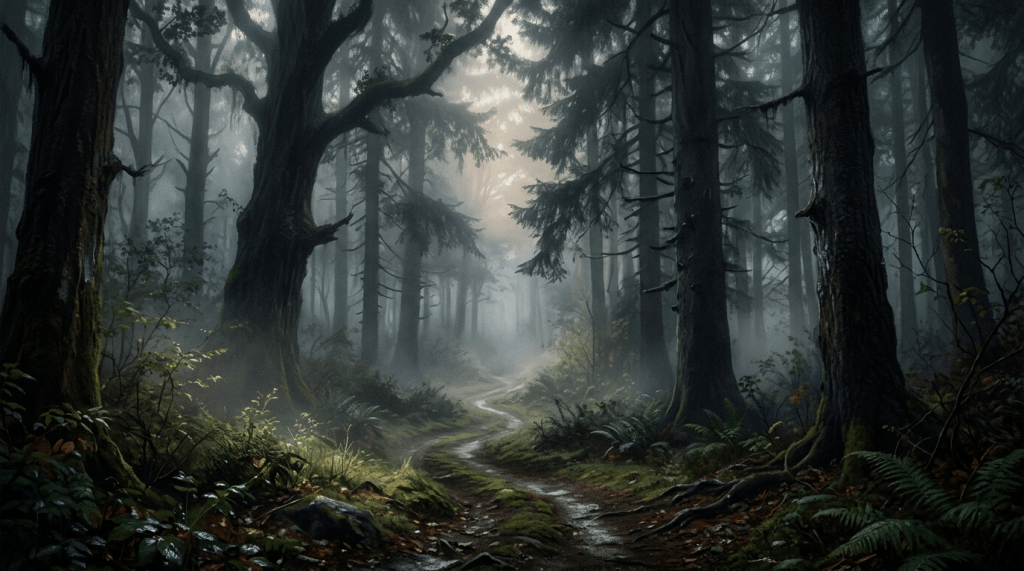Winding trail through a foggy forest with tall trees and green plants