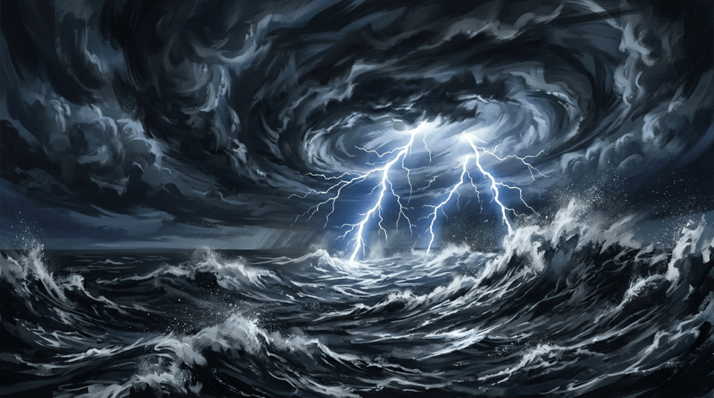 Lightning bolts striking turbulent ocean under swirling dark storm clouds
