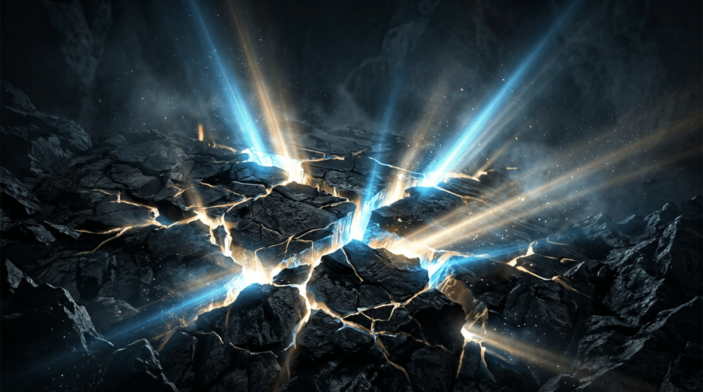 Dark cracked ground with blue and golden light beams shining through