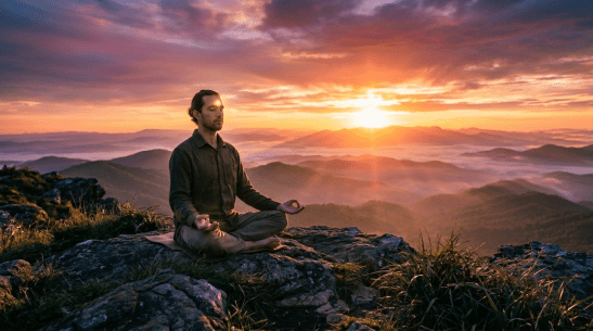 Person sitting cross-legged on rocky mountain meditating facing the sunrise over misty hills