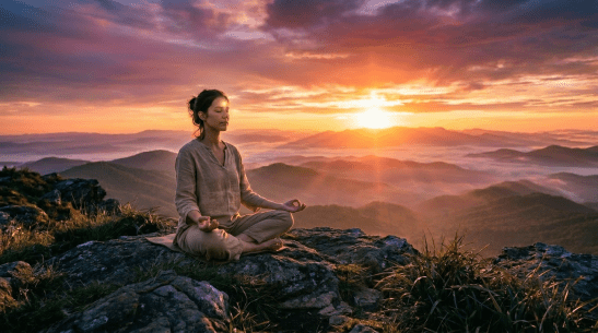 Person sitting cross-legged on rocky mountain meditating facing the sunrise over misty hills