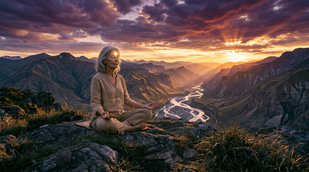 Person sitting cross-legged on rocky mountain meditating facing the sunrise over misty hills