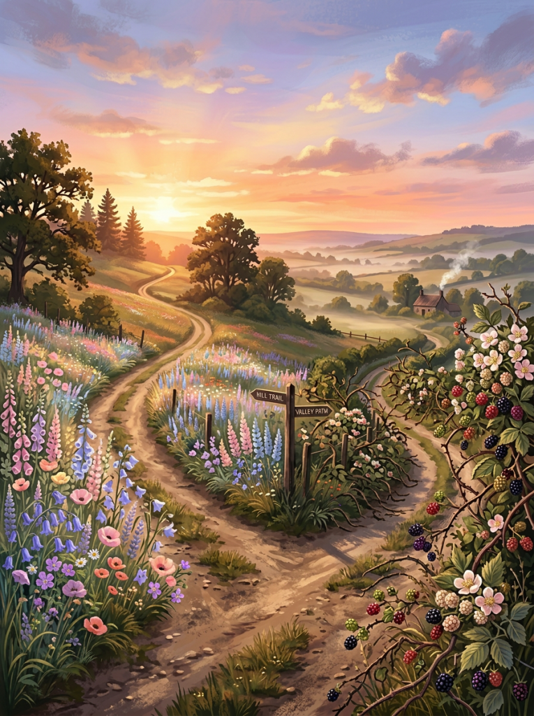 Forked dirt paths labeled Hill Trail and Valley Path in a sunlit countryside with wildflowers and trees