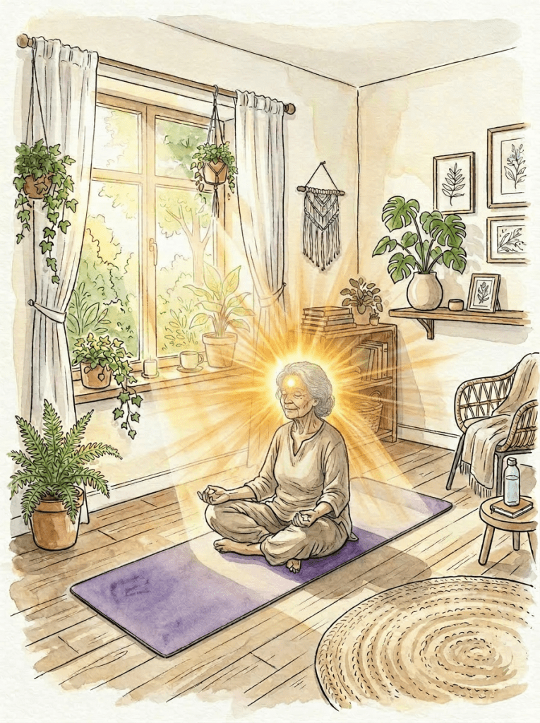 Indoor yoga space with purple mat, plants, folded blanket, wicker chair, and wooden shelves