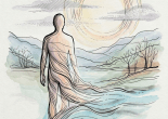 Abstract human figure with lines flowing into a natural landscape under a stylized sun