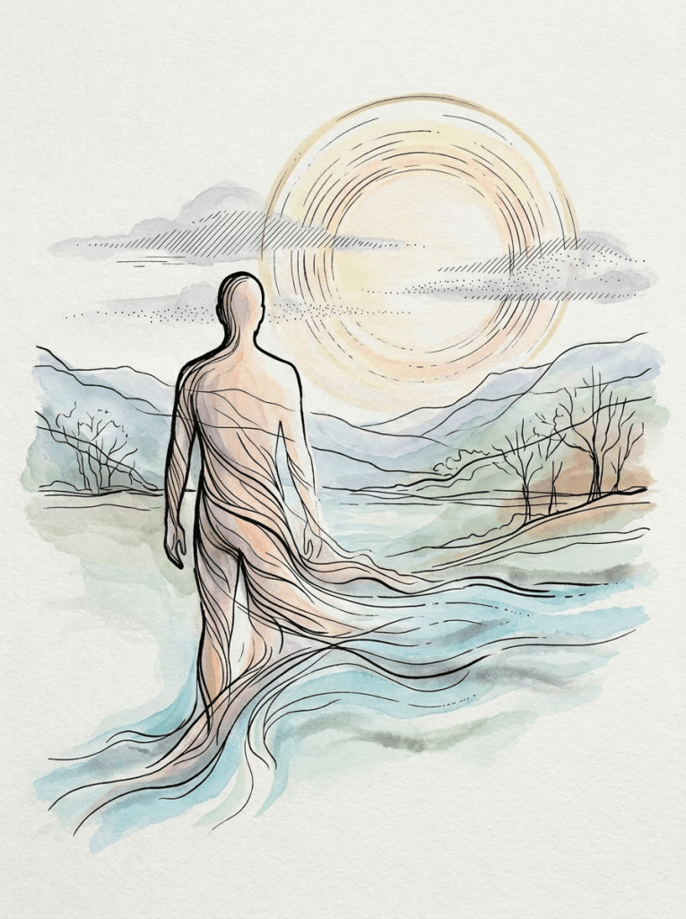 Abstract human figure with lines flowing into a natural landscape under a stylized sun