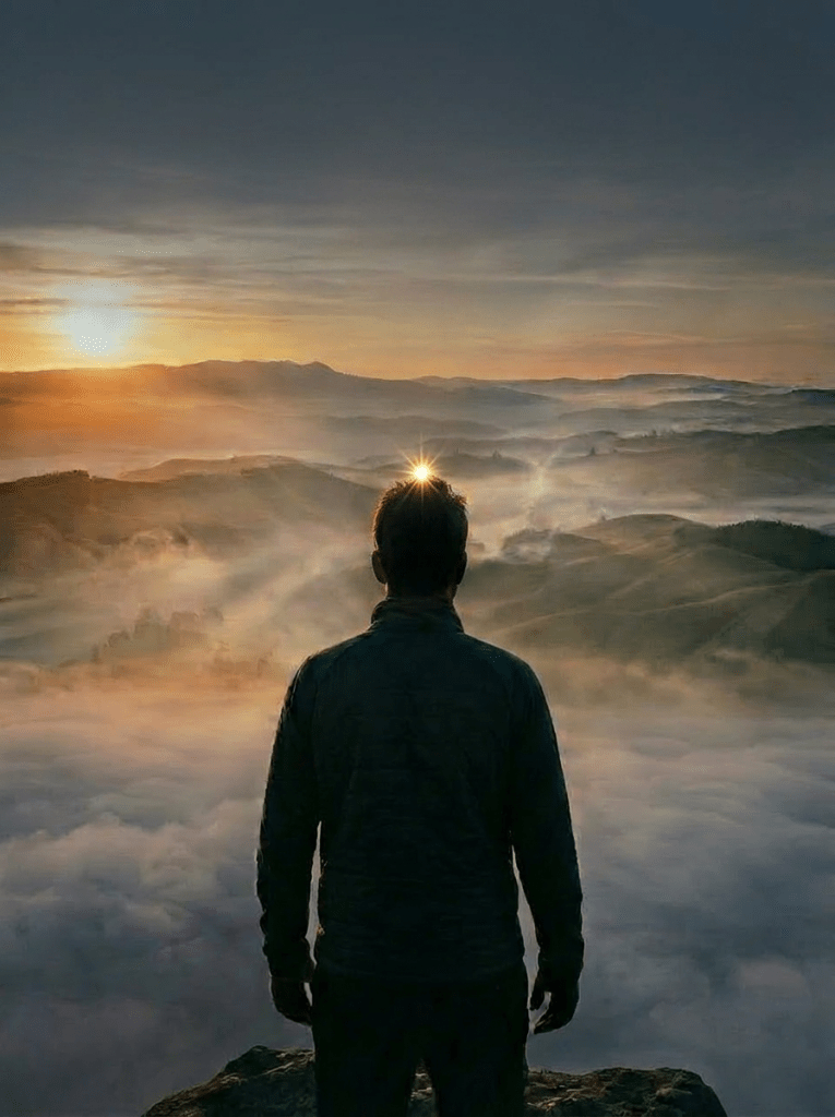 Silhouette of a person on a hill with glowing heart-shaped light on chest and sunrise background