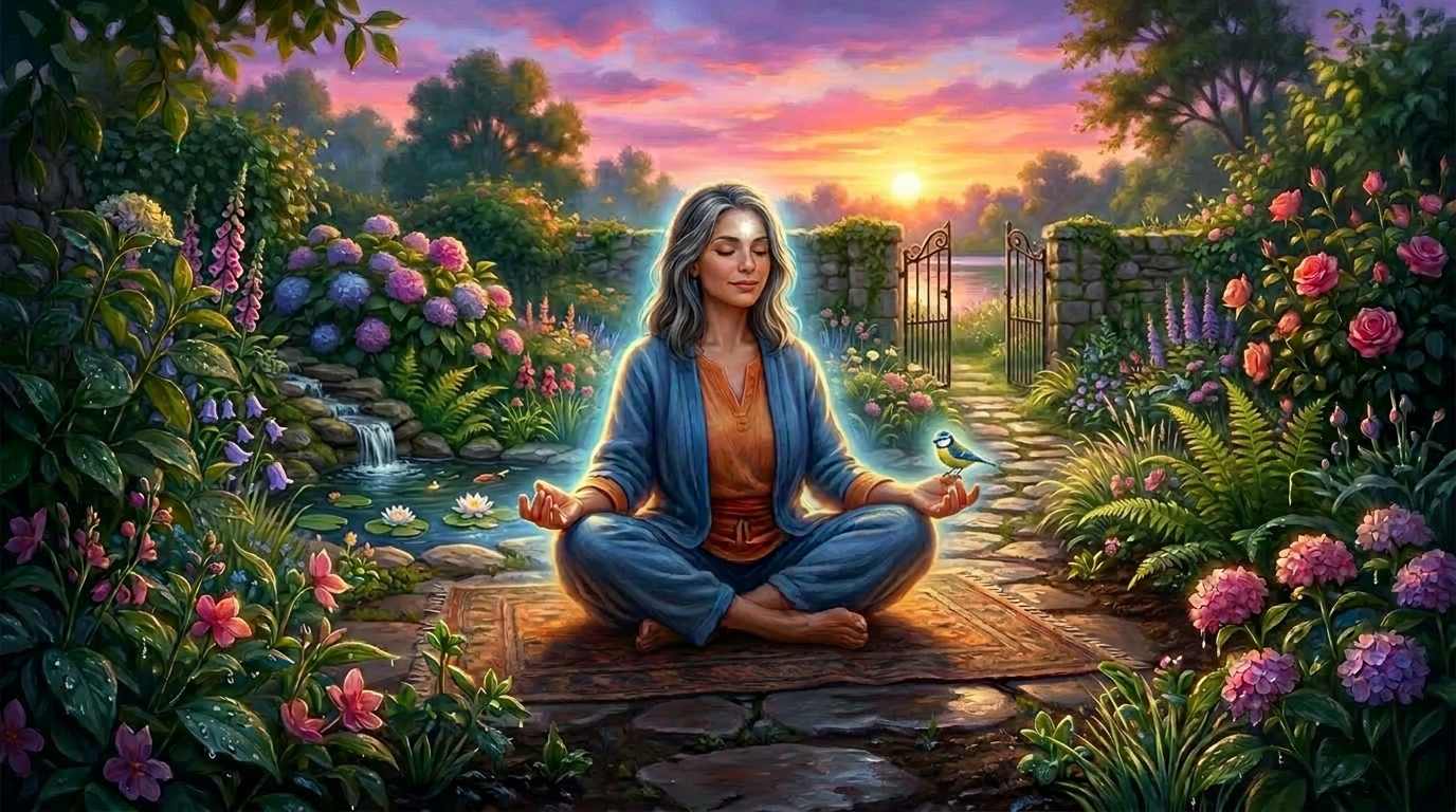 Elderly woman meditating cross-legged on a rug in a garden surrounded by colorful flowers at sunset