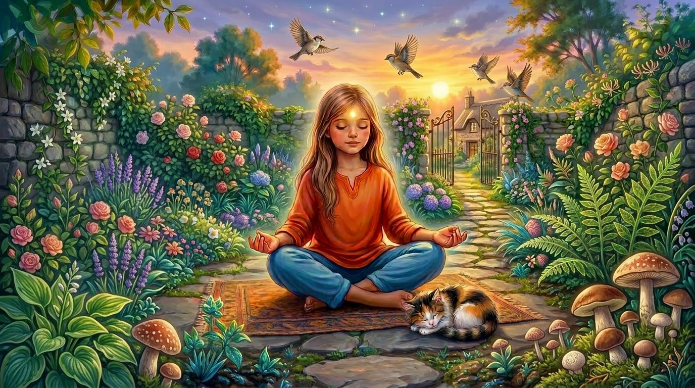 Serene meditation in blooming garden Elderly woman meditating cross-legged on a rug in a garden surrounded by colorful flowers at sunset