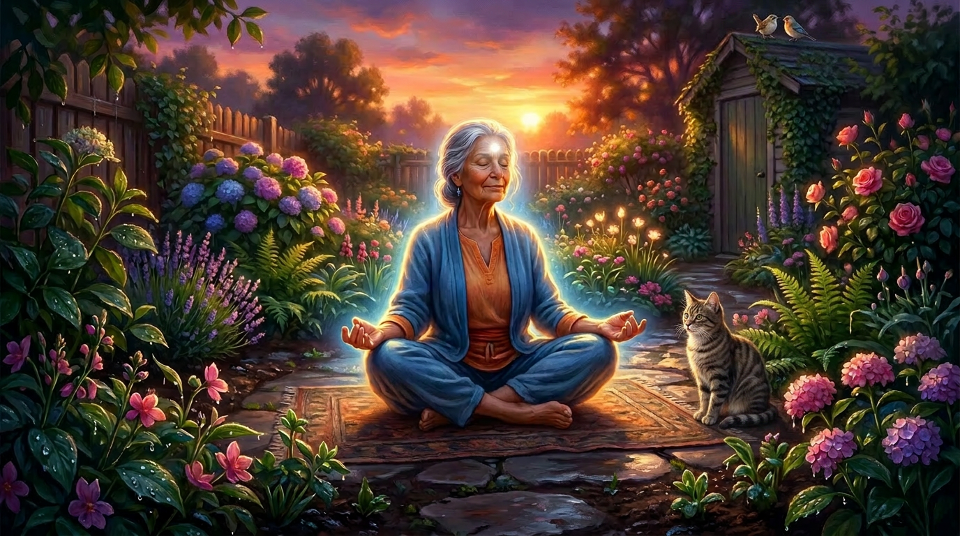 Elderly woman meditating cross-legged on a rug in a garden surrounded by colorful flowers at sunset