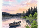 Person rowing a boat on calm lake during sunset with forested shoreline