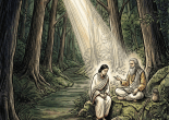 A sage and a disciple sitting on rocks in a forest, engaged in conversation
