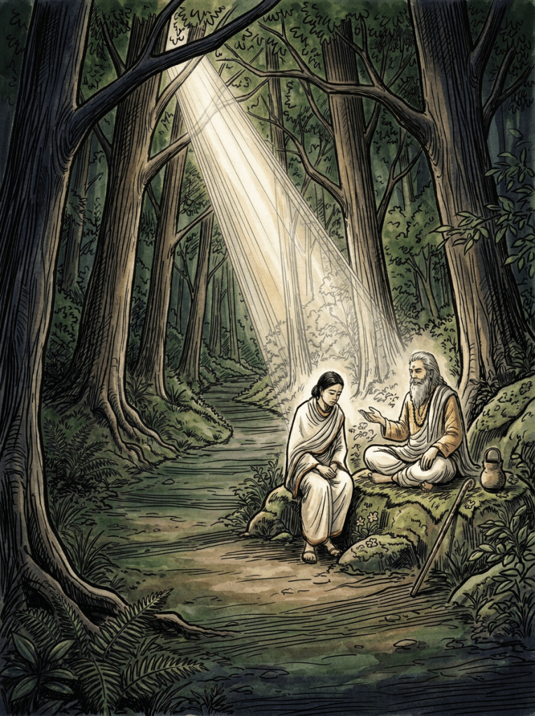 A sage and a disciple sitting on rocks in a forest, engaged in conversation
