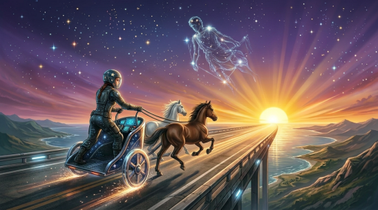 Figure in ancient armor driving a celestial chariot with star-patterned horses through a cosmic sky