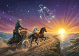 Figure in ancient armor driving a celestial chariot with star-patterned horses through a cosmic sky