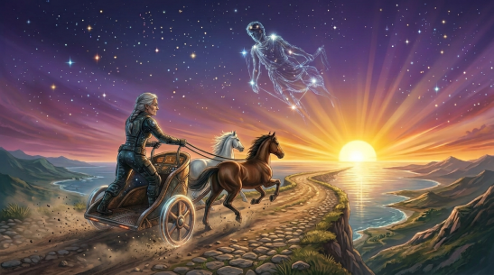 Figure in ancient armor driving a celestial chariot with star-patterned horses through a cosmic sky