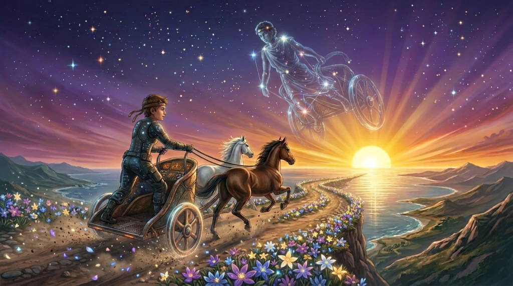 Figure in ancient armor driving a celestial chariot with star-patterned horses through a cosmic sky