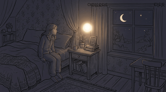Person sleeping in a bedroom with moon and stars outside window