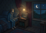 Person sleeping in a bedroom with moon and stars outside window
