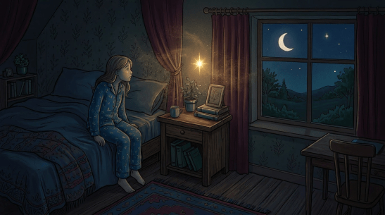 Person sleeping in a bedroom with moon and stars outside window