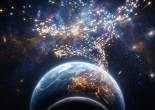 Earth with illuminated night cities and glowing network connections extending into space