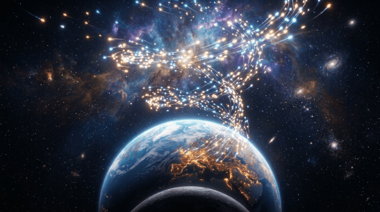Earth with illuminated night cities and glowing network connections extending into space
