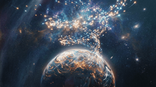 Earth with glowing digital data streams and star-filled space background