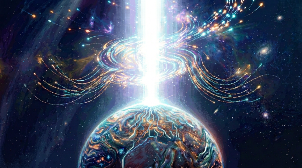 Earth with glowing digital data streams and star-filled space background