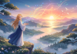 Person in traditional robes casting glowing magical lights on cliff at sunset