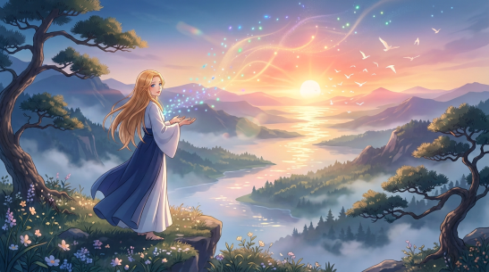 Person in traditional robes casting glowing magical lights on cliff at sunset