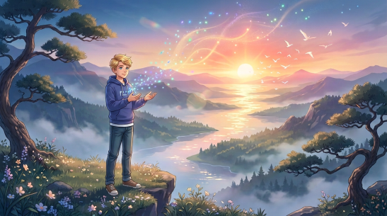 Person in traditional robes casting glowing magical lights on cliff at sunset