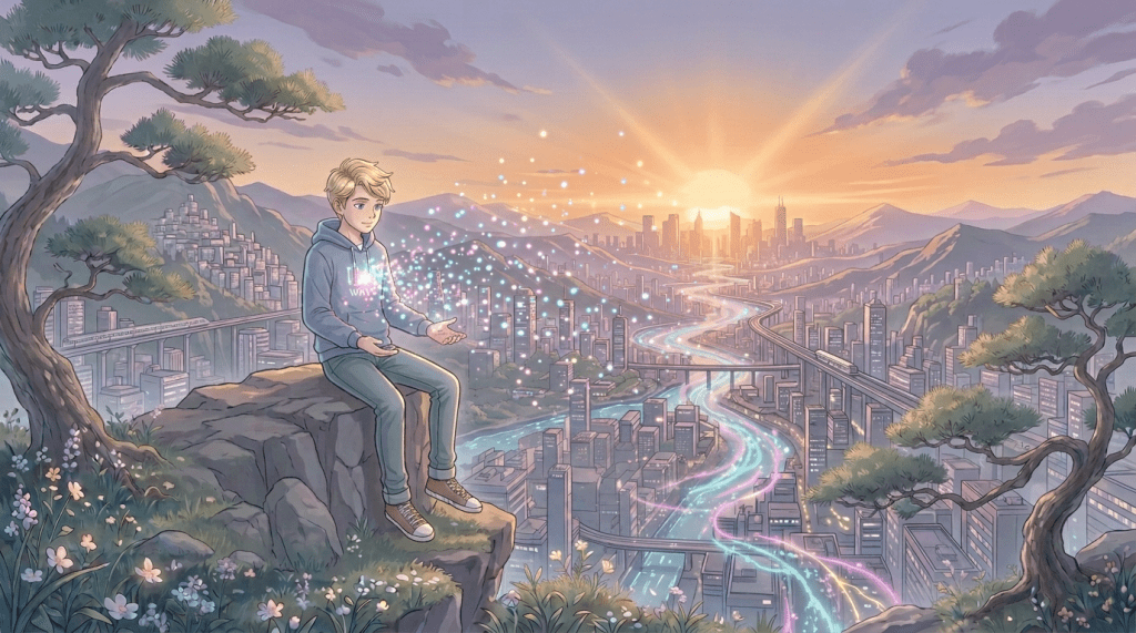 Person in traditional robes casting glowing magical lights on cliff at sunset