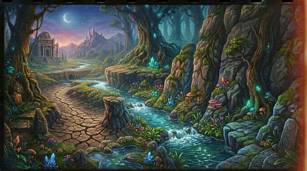 Wizard summoning a magical swirling portal with glowing landscapes and runes