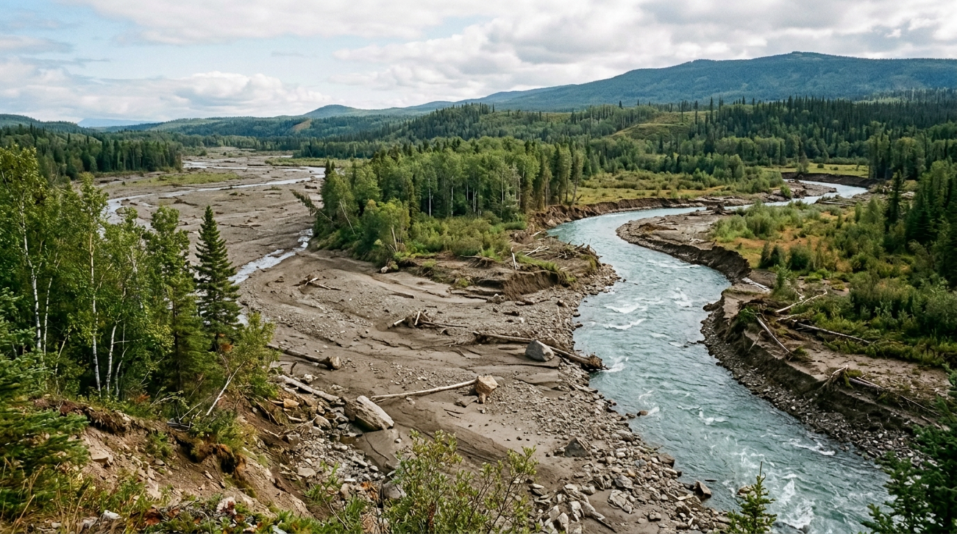 A river winding through a green forested landscape with hills in the background