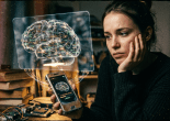Digital illustration of a human brain with neural network connections and AI-related text