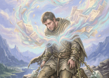 Man kneeling on cliff with dark swirling smoke carrying words like crisis, war, despair, famine, and fear