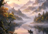 Person rowing boat on calm lake with mountains, castles, trees, and mist